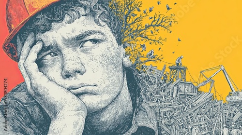 Wallpaper Mural A young Caucasian male with curly hair and a red hard hat looks pensive. The background features construction debris and trees, symbolizing environmental concerns. Torontodigital.ca