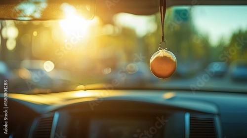 Close-up of a hanging car air freshener swinging gently inside a car with sunlight reflecting on the dashboard