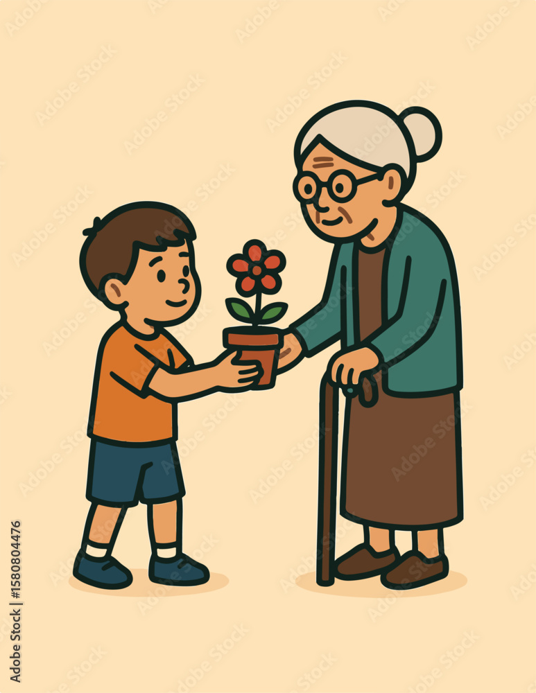 Grandchild Gift: A heartwarming illustration of a young boy presenting a potted flower to his elderly grandmother, symbolizing love, care, and generational connection. Grandchild Gift: A heartwarming illustration of a young boy presenting a potted flower to his elderly grandmother, symbolizing love, care, and generational connection.