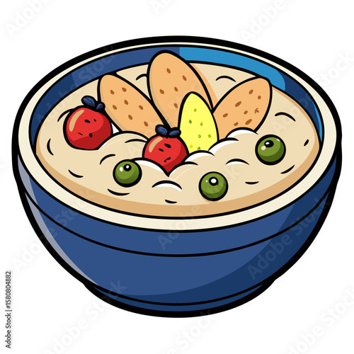 Top down view of a healthy bowl of oatmeal topped with fresh fruits isolated on white background