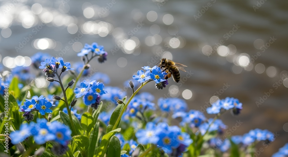 Glimmering Forget-Me-Nots: Bee on Blue Flowers, Nature's Whispers, Sparkling Water Background Glimmering Forget-Me-Nots: Bee on Blue Flowers, Nature's Whispers, Sparkling Water Background