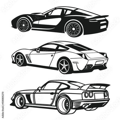 Three Black Sports Car Silhouettes White Background