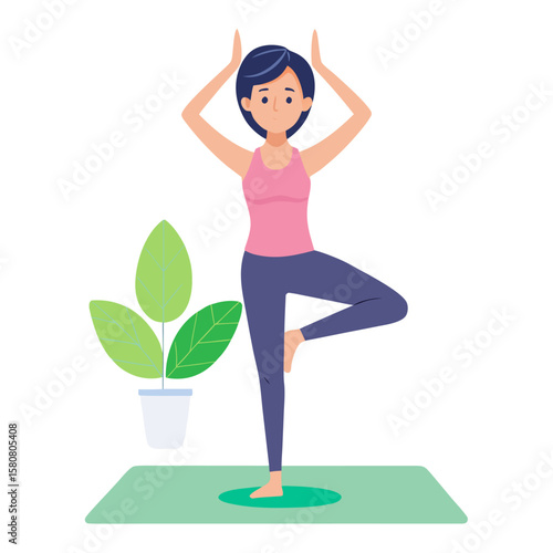Fit woman performing tree pose yoga on mat minimalist style isolated on white background