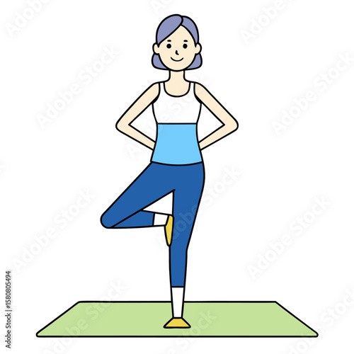 Fit woman in tree pose on yoga mat minimalist illustration isolated on white background