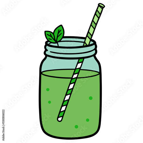 Healthy green smoothie in a glass mason jar with straw isolated on white background