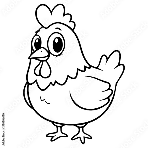 A chubby and cute cartoon hen standing happily Black and white line art of a chicken for a farm themed kids coloring book page Vector outline drawing for children