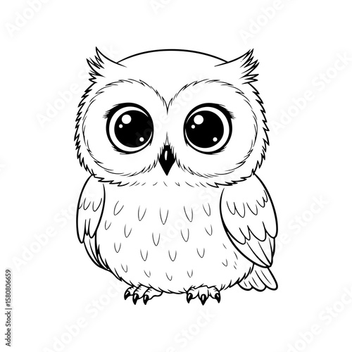 An adorable big eyed baby owl character sitting Cute nocturnal bird of prey with black and white line art for a childrens coloring page Vector outline illustration