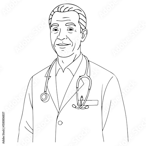 A portrait of a mature and experienced male doctor with a stethoscope A friendly healthcare professional bust in black and white line art for coloring books