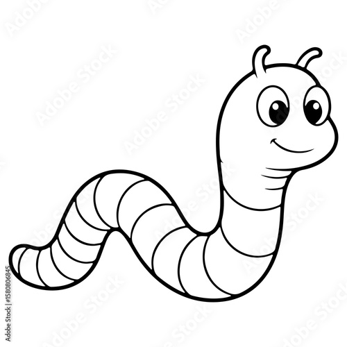 A cute and happy cartoon worm or caterpillar crawling A simple invertebrate animal character in black and white line art for a kids coloring book or activity page
