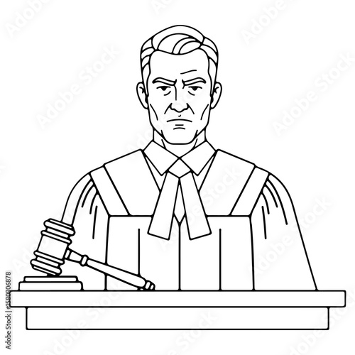 A serious judge in a robe sitting behind the bench with a gavel A law and justice character in black and white line art for a coloring book or legal concepts