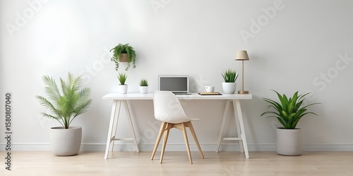 A modern home office setup with a laptop  chair  and plants