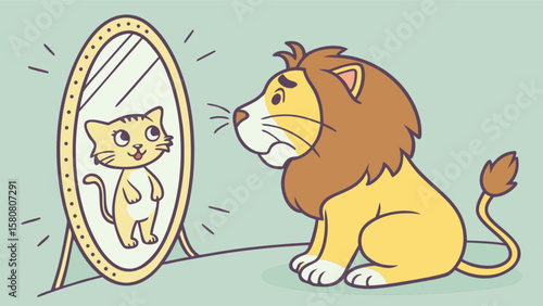 Lion looking in mirror seeing cat reflection cartoon illustration drawing art vector image graphic design 100