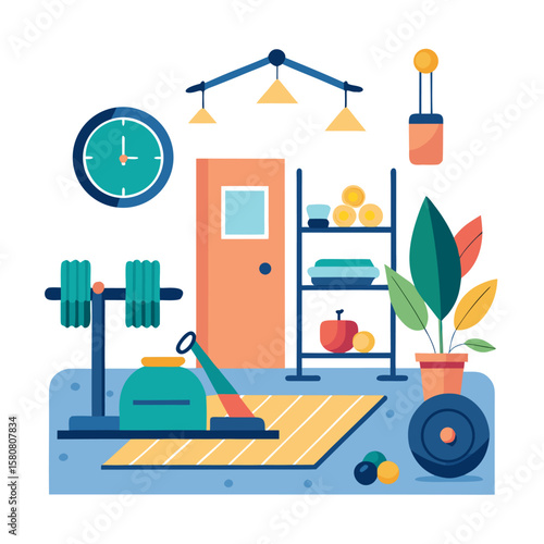 Modern home gym equipment setup with weights and exercise machines isolated on white background