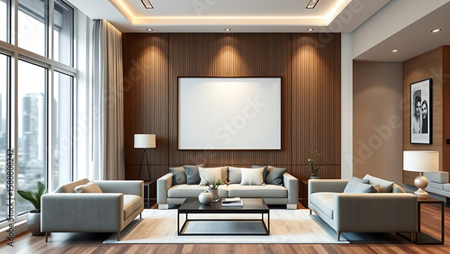 Blank mockup poster frame on the wall of living room Luxurious apartment background with contemporar