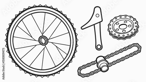 Bicycle parts vector illustration including wheel chain sprocket and crank arm for diy projects