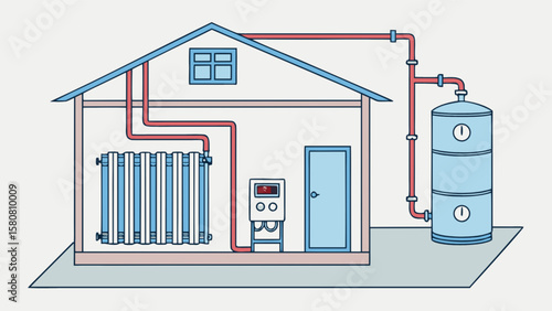 Heating system diagram showing radiator boiler and pipes for home heating and hot water installation design