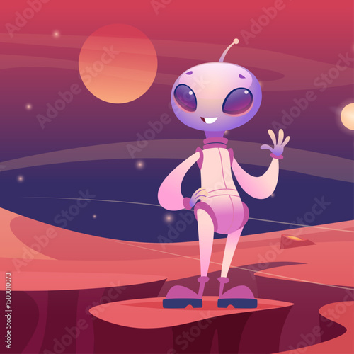 Alien on space. wave hand character standing on planet