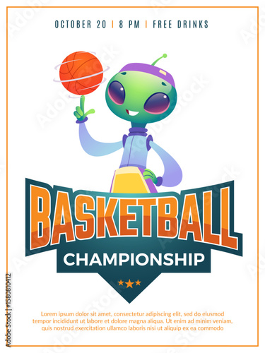 Basketball poster. placard with alien mascot holding basketball ball