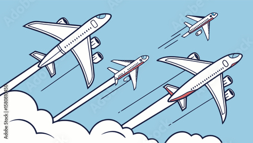 Airplane travel vector illustration with commercial airplanes flying in the sky for travel and tourism 100