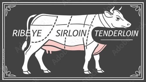 Beef cuts chart ribeye sirloin tenderloin diagram for butcher shop and meat lovers illustration guide 100