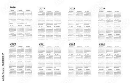 2026 Wall calendar with 2027-2033 set collection creative design template