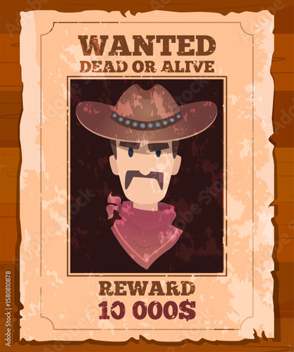 Wanted criminal posted. placard template of wild west crime
