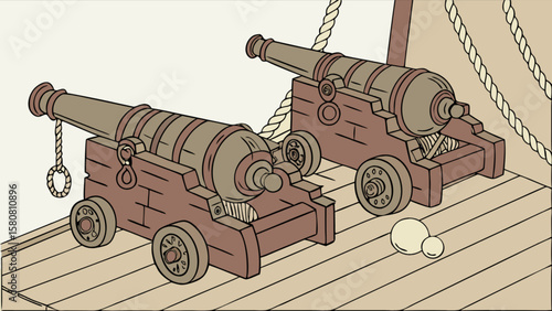 Antique naval cannons vintage artillery weapons on ship deck drawing illustration for historical naval warfare