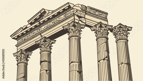 Ancient greek architecture drawing of temple ruins with columns and detailed stone carvings illustration vector