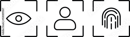 Recognition, scan identification icon set. Fingerprint icon. Identification and verification icon set. Eye scan icons. Face ID and eye scan
