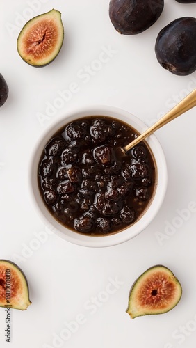 The earthy saltiness of olives adds complexity to sweet fig jam on plain white background