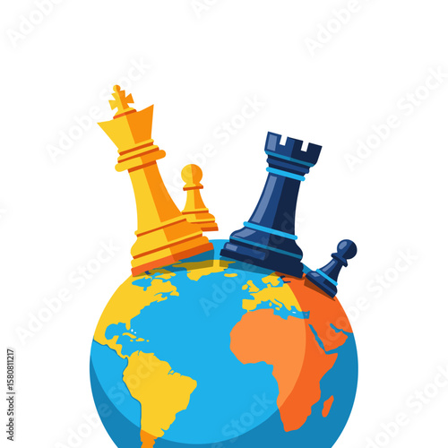 Global competition strategy concept with chess pieces king queen and rook on a stylized Earth globe, symbolizing international business planning and strategic moves on a worldwide scale.