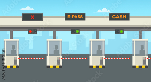 Road toll payment in flat style. Cars passing through checkpoint with barriers. Vector stock