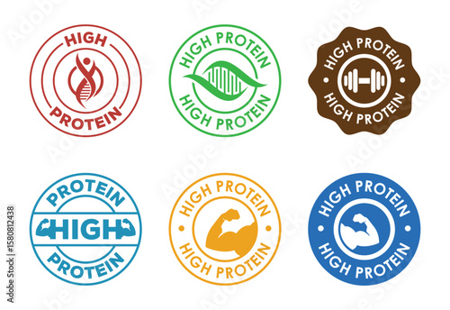 Assorted High Protein Label Designs with DNA, Dumbbell, and Arm Graphics