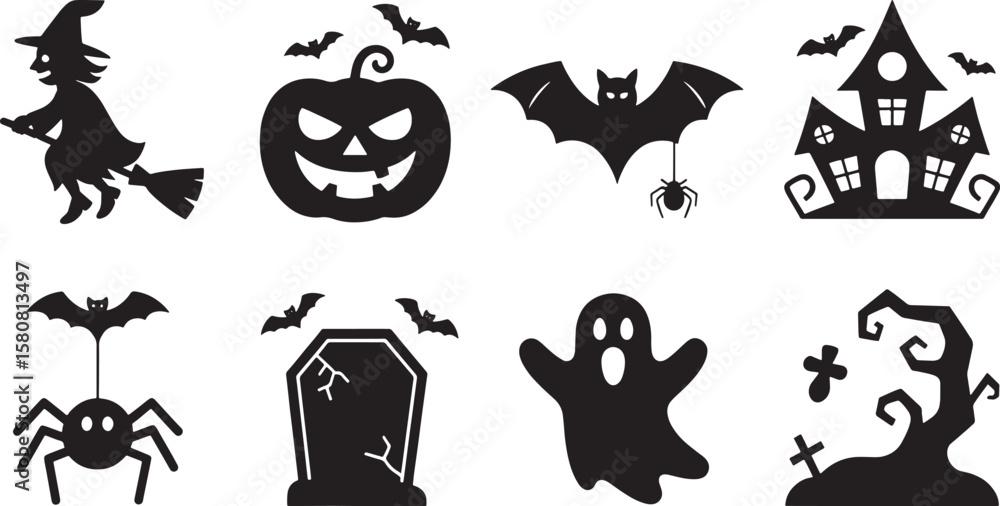Obraz premium Spooky Halloween Holiday Icons: Pumpkin, Bat, Ghost, and Tombstone, Perfect for Seasonal Celebrations.