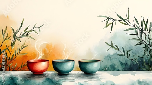 Wallpaper Mural Serene Chinese tea ceremony inspired pattern with steaming teacups and bamboo leaves Torontodigital.ca