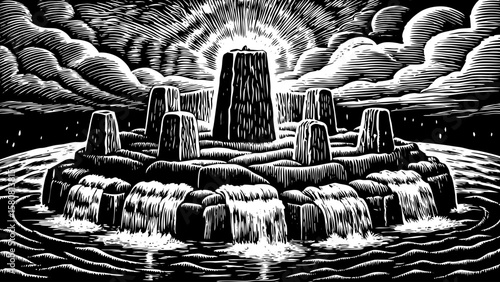 surreal floating island with shattered rocks, cascading waterfalls into void, glowing crystals, and ancient ruins in a mysterious atmosphere, shown as black and white line art illustration