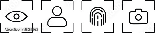Recognition, scan identification icon set.  Fingerprint icon. Identification and verification icon set.  Eye scan icons. Face ID and eye scan
