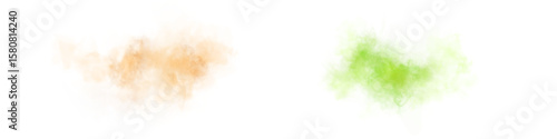 Yellow and green smoke, steam, clouds, smog, haze, fog on white transparent background. Vector smoke effects for design, overlays in graphic design.