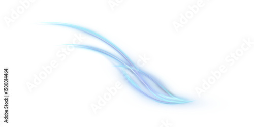 Blue light trail with smooth curved lines and soft glow on white background. Perfect for fairy tale illustrations, digital collages, overlays and magical visual effects.