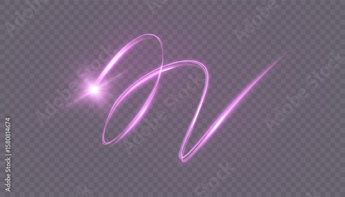 Glowing bright purple curved line with magical light effect. Magic wand glow effect for game interface design and illustrations.