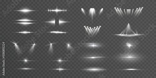 A collection of realistic white light effects, spotlights and glowing highlights on a transparent background. Used for concerts, theater performances and advertising projects.