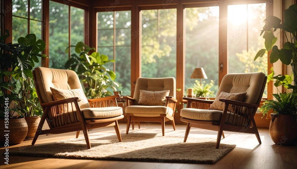 Fototapeta premium Sun-drenched living room with mid-century modern chairs