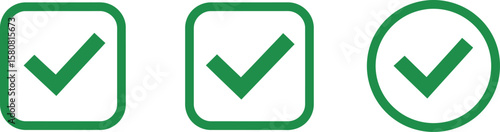 Green Checkmark Icon Trio – Rounded Squares and Circle Variants for Success States, Form Validation, UI Feedback, and Branding