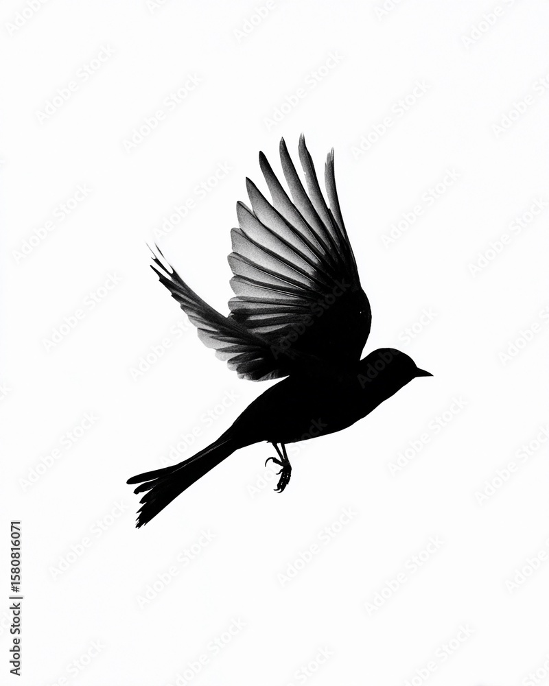 Fototapeta premium Silhouette of a bird in mid-flight against a white background showcasing its spread wings and dynamic movement