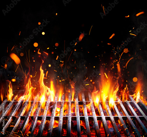 Barbecue Grill - Embers With Flames And Abstract Sparks - Grid And Fire On Charcoal In Black Background