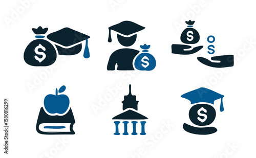 Scholarship and Education Funding Icons – Student Loan, University, and Money Symbol Set