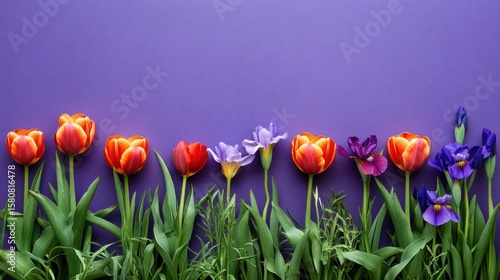 Colorful flowers arranged in a horizontal row on a purple background.