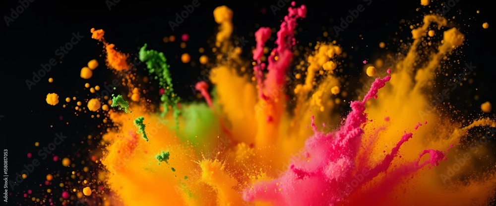 Fototapeta premium Abstract close-up of vibrant colored powder explosion against a dark backdrop; swirling dust and paint create a Holi-like effect, cloud, holi