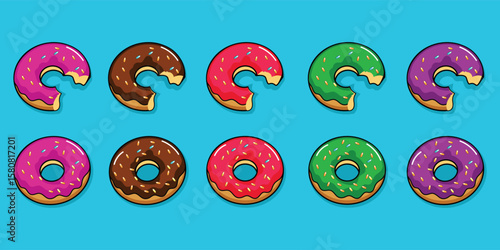 Collection of delicious donut vectors sprinkled with colorful sprinkles