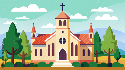 Vector art of a charming church building with trees and clouds